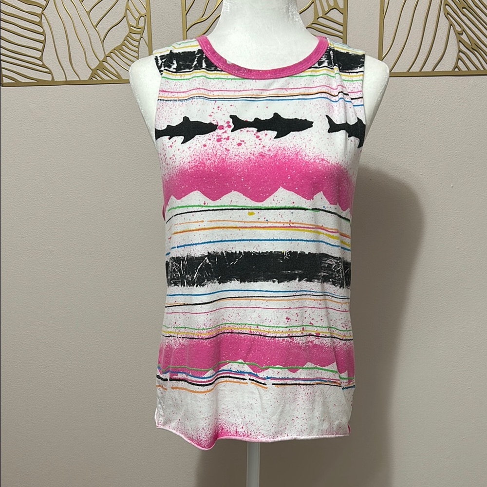 White and Pink sleeveless tank top with scoop neck and graphic design